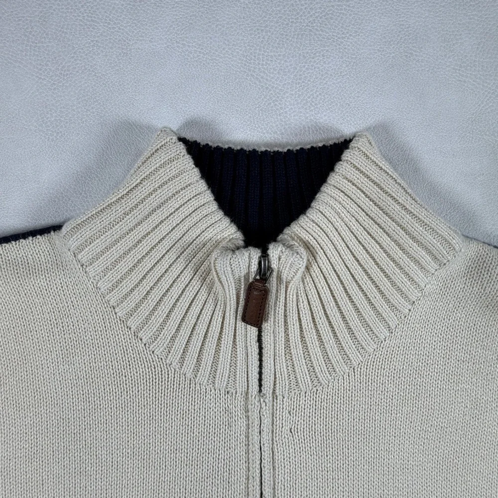 VTG Polo Ralph Lauren Navy Stripe Quarter Zip Pullover Mens Large Cream Sweater